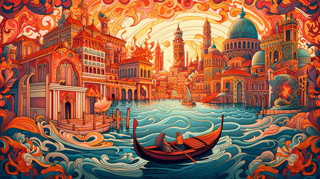 Illustration of the beautiful city of Venice. City of gondoliers, bridges, carnivals and love. Italyの写真素材