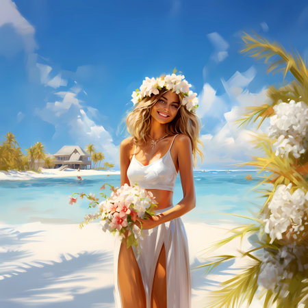 Illustration of a beautiful woman on vacation on a tropical islandの写真素材