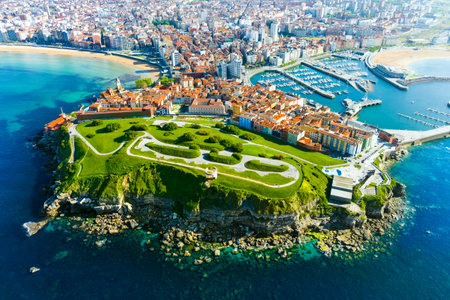 Aerial view of the city of Gijon in Asturias, Spainの写真素材