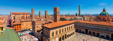 Panoramic view of the historical center with the towers, Bologna, Italyの写真素材