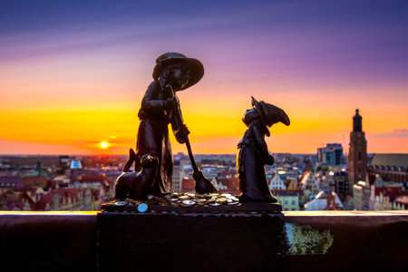 Witches Tekla and Martynka on the Penitents Bridge between towers of St. Mary Magdalenes Churchの写真素材