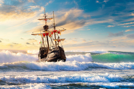 Grand view of an old sailing ship from the times of pirates on the high seas with big wavesの写真素材
