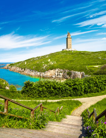 View of the Tower of Hercules, A Coruna, Galicia, Spainの写真素材