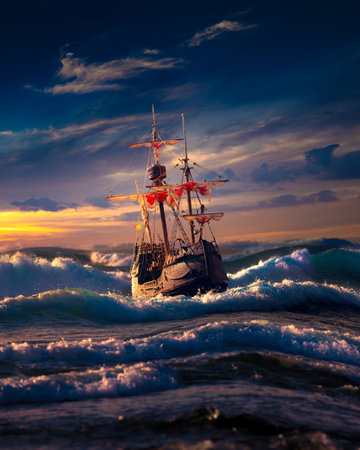 Grand view of an old sailing ship from the times of pirates on the high seas with big wavesの写真素材