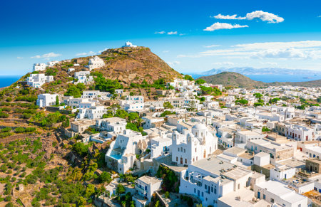 Panoramic view of Plaka town. Milos island, Greeceの写真素材