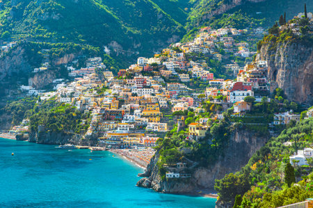 Morning view of Positano cityscape on coast line of mediterranean sea, Italyの写真素材