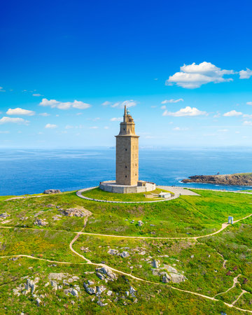 View of the Tower of Hercules, A Coruna, Galicia, Spainの写真素材
