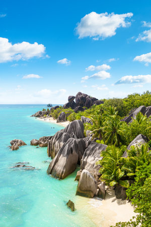 Anse Source DArgent - the most beautiful beach of Seychelles. La Digue Island, Seychellesの写真素材