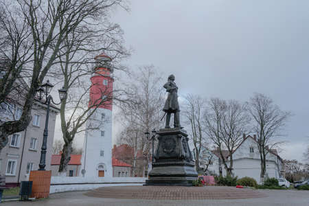 monument to Peter the Great, in the background a red lighthouse, spring day walk around the cityの写真素材
