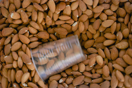 top view peeled almonds, menag with cups in the marketの写真素材