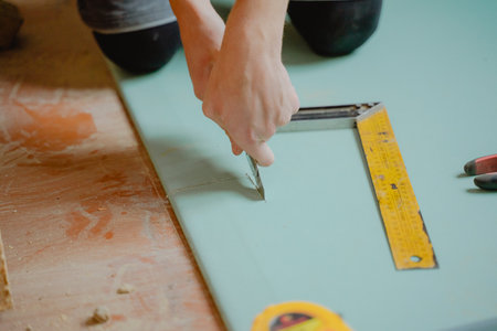 a worker cuts a flat sheet on a wall with a construction knife, construction process, interior wall decorationの写真素材