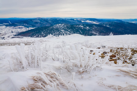 frost-covered grass against the backdrop of blue snow-capped mountains, a ski resort with beautiful mountain viewsの写真素材