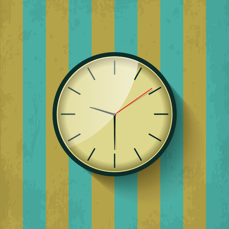 Beautiful old mechanical wall clock show time on brown and green vintage texture background. Premium quality retro flat style isolated illustration design concept.のイラスト素材
