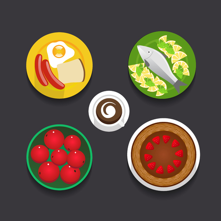 Tasty, gorgeous dishes set isolated on dark background. Web graphics modern flat style food design.のイラスト素材