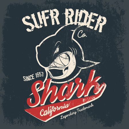 Vintage American old grunge effect tee print vector design. Premium quality superior shark retro logo concept. Shabby t-shirt and hoodie emblem.のイラスト素材