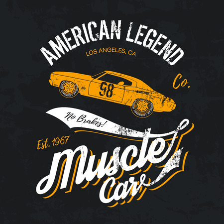 Vintage American muscle car old grunge effect tee print design illustration. Premium quality superior retro concept. Shabby t-shirt mock up.のイラスト素材