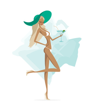 Spectacular attractive slim fashion model blonde girl in bikini holding a glass of drink with olives in her hand.Exciting lady in swimsuit and high-heeled shoes on abstract background.のイラスト素材