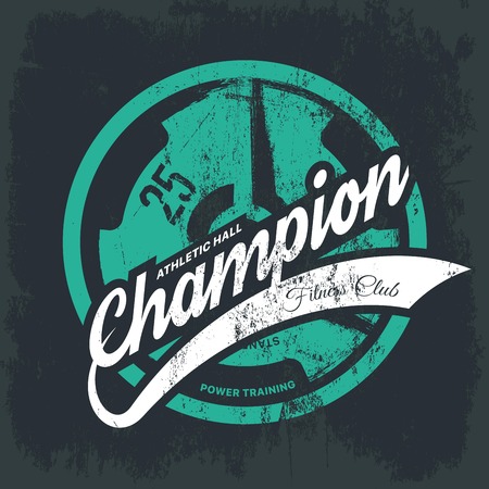 Modern fitness center tee print vector design isolated on dark background. Premium quality superior champion logo concept. Shabby t-shirt athletic club emblem illustration. Threadbare iron barbell.のイラスト素材