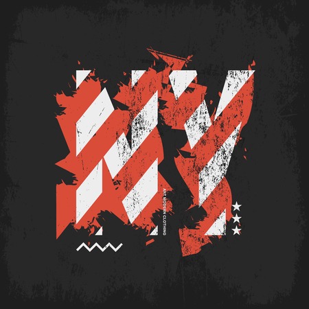 NY art modern clothing tee print vector design isolated on dark backdrop. Premium quality superior abstract New York logo concept. Shabby american flag letters t-shirt emblem illustration.のイラスト素材
