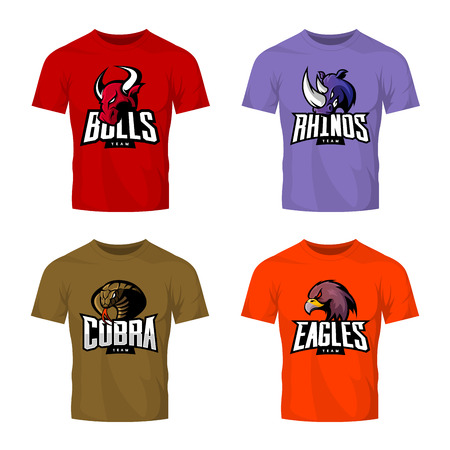 Furious rhino, bull, eagle and snake sport vector logo concept set isolated on colored t-shirt mockup. Modern web infographic team pictogram. Premium quality wild animal t-shirt tee print illustrationのイラスト素材