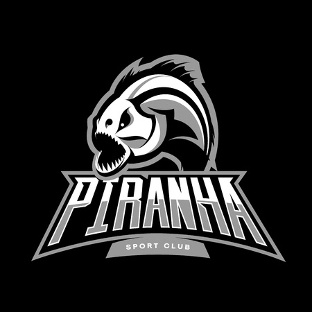 Furious piranha sport vector logo concept isolated on black background. Modern professional team predator badge design.Premium quality wild fearsome fish t-shirt tee print illustration.のイラスト素材