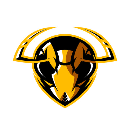 Furious hornet head of an athletic club vector logo concept isolated on white background. Modern sport team mascot badge design. Premium quality wild insect emblem t-shirt tee print illustration.のイラスト素材