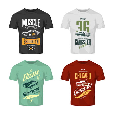 Vintage classic gangster and muscle car t-shirt logo mock up set. Premium quality old sport vehicle logotype tee-shirt emblem illustration. American street wear superior retro tee print design.のイラスト素材