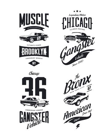 Vintage classic gangster, muscle car vector tee-shirt logo isolated set.のイラスト素材