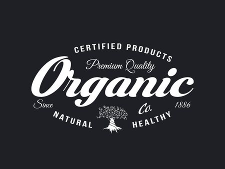 Organic natural and healthy farm fresh food retro emblem. Vintage olive tree logo isolated on dark background. Premium quality certified vegetarian product old fashion badge logotype illustration.のイラスト素材
