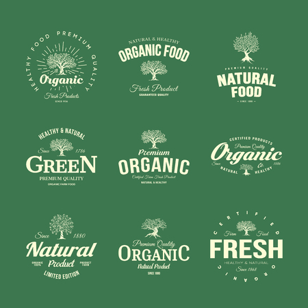 Organic natural and healthy farm fresh food retro emblem set. Olive tree vintage old logo badge isolated on green background. Premium quality green plant organic logotype illustration design.のイラスト素材