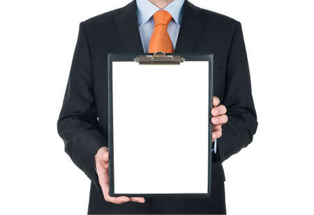 businessman holding blank clipboard isolated on white background の写真素材