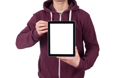 young man holding blank digital tablet