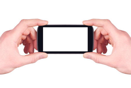Taking photo with mobile smart phone isolated on white background  hand holding blank mobile smart...