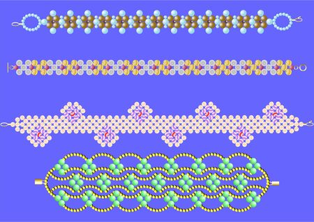 Decoration of beads of different sizes and different colors on a blue background のイラスト素材