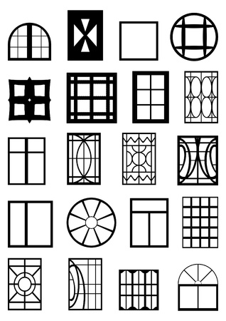 Different types of window frames, black contour on a white background のイラスト素材