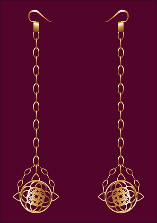 Gold earrings with semi sphere and chain on red velvet.のイラスト素材