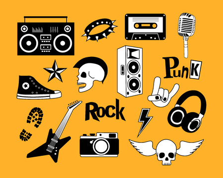 Punk rock music  set isolated on yellow background. Design elements, emblems, badges, logo and icons.  Vector illustration.のイラスト素材