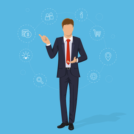 Young businessman. Businessman in suit on isolated blue background. Set of business icon. Elegant man in business suit. Cartoon businessman. illustration businessman in trendy flat designのイラスト素材