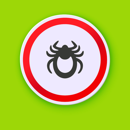 Ticks stop sign. Mite warning sign. Vector illustration of tick warning sign on green background. Encephalitis mite skin parasite isolated on white. Flat design with shadowのイラスト素材