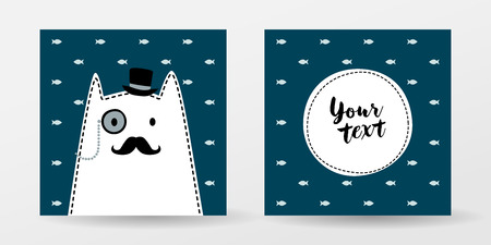 Cat gentleman. Monocle, Hat, Mustache, Hipster character. Cute vector color illustration for print textile, shirt, pillow, vintage greeting card. Picture for children room interior. Scandinavian styleのイラスト素材