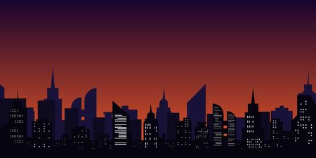 Night city. Cityscape silhouette with windows. Minimalist graphical urban landscape. Skyscraper skyline, dark sky. Vector illustration. Scape, panorama. Light town in flat design. Downtownの写真素材