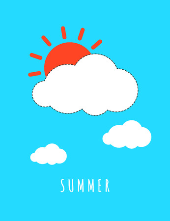Summer weather concept for children. Icon sun, sunshine, cloud, lettering signs on blue. Vector Greeting card, poster, textile, shirt, pillow, print, typography. Picture for interior room for kidのイラスト素材
