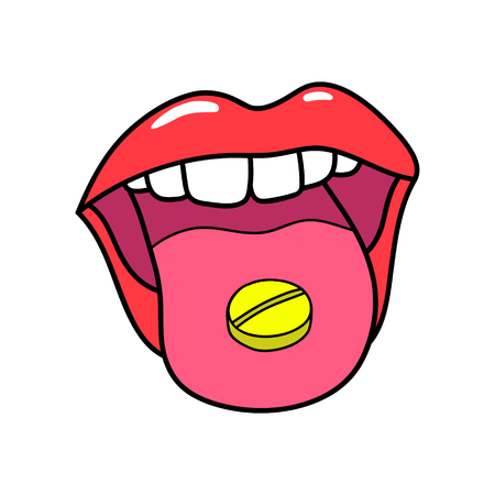 Red Mouth, tongue, drug. Cartoon Extasy, MDMA. Pop art Sticker, patch badge isolated on white.のイラスト素材