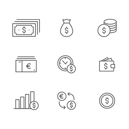 Money vector icon set, coin bill dollar euro line outline sign collection, linear thin flat design for web, website, mobile app.の写真素材