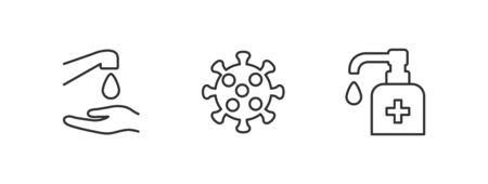 Hygiene vector icon set. Virus care black line outline icons collection. Washing hands, anti bacterial soap, use sanitary antiseptic. Wash hand with soap and water flat design illustration.のイラスト素材