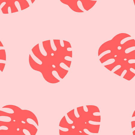 Monstera leaf seamless vector pattern. Green leaves isolated on pink background. Trendy Fabric textile, wrapping paperのイラスト素材