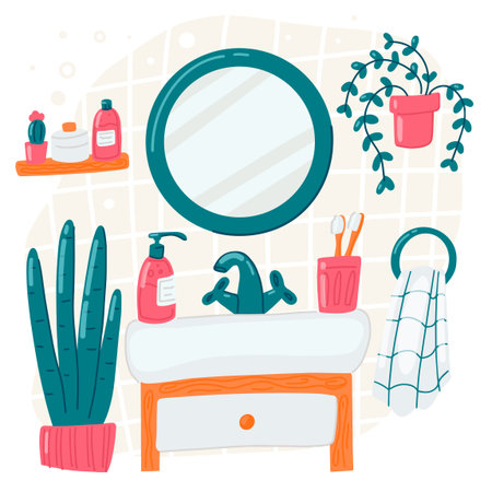 Bathroom vector cartoon illustration. Mirror shelf plant bathtub towel. Personal hygiene, home interior conceptのイラスト素材