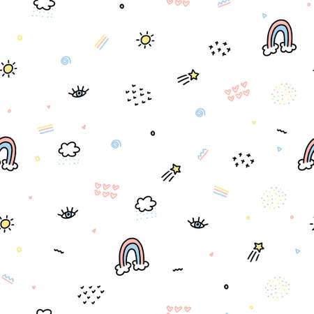 Seamless vector pattern. Hand drawn doodle rainbow heart sun cloud, cute trendy texture design, fabric textile, wrappingのイラスト素材