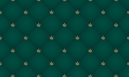 Cannabis leaf Seamless pattern. Green abstract upholstery background with golden marijuana leaf. Vintage sofa textureのイラスト素材