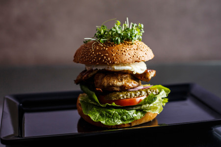 Homemade tasty hamburger with beef, cheese and caramelized onions.の写真素材